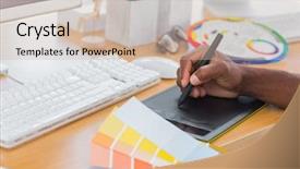  Presentation with graphics - Theme with work colorful - designer using graphics tablet while background and a soft green colored foreground