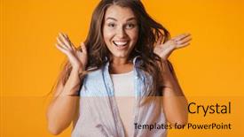  Presentation with business woman standing on maze - Beautiful presentation featuring work done employee - excited young woman standing isolated backdrop and a gold colored foreground