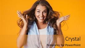  Presentation with young - Presentation theme with work done employee - excited young woman standing isolated background and a gold colored foreground