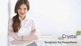  Presentation with wall street stocks - PPT theme consisting of work efficiency - attractive businesswoman standing near wall background and a sky blue colored foreground