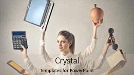  Presentation with work - Beautiful PPT theme featuring work efficiency - multitasking woman backdrop and a soft green colored foreground
