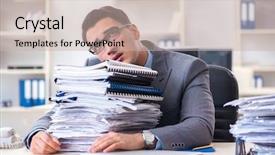  Presentation with burden - Audience pleasing PPT theme consisting of work employee under paperwork burden backdrop and a  colored foreground