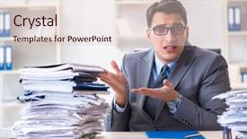  Presentation with burden - Slide set featuring work employee under paperwork burden background and a  colored foreground