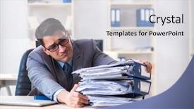  Presentation with paperwork - Cool new slide deck with work employee under paperwork burden backdrop and a  colored foreground