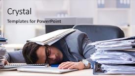  Presentation with paperwork - PPT theme consisting of work employee under paperwork burden background and a light gray colored foreground