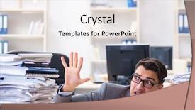  Presentation with paperwork - Beautiful PPT layouts featuring work employee under paperwork burden backdrop and a  colored foreground