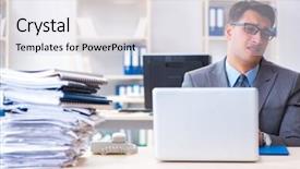  Presentation with paperwork - Audience pleasing PPT theme consisting of work employee under paperwork burden backdrop and a  colored foreground