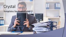  Presentation with burden - PPT layouts enhanced with work employee under paperwork burden background and a  colored foreground