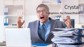  Presentation with paperwork - PPT theme consisting of work employee under paperwork burden background and a soft green colored foreground