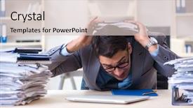  Presentation with paperwork - PPT layouts having work employee under paperwork burden background and a  colored foreground