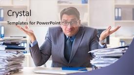  Presentation with paperwork - PPT theme featuring work employee under paperwork burden background and a  colored foreground