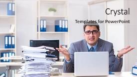  Presentation with burden - Colorful slide set enhanced with work employee under paperwork burden backdrop and a  colored foreground