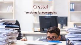  Presentation with burden - PPT layouts with work employee under paperwork burden background and a sky blue colored foreground