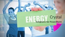  Presentation with energy dance - Presentation theme consisting of work enviroment - fit blonde holding card saying background and a  colored foreground