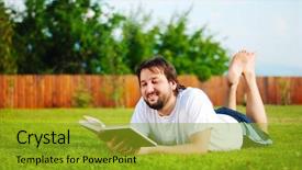  Presentation with green officebuilding man - Audience pleasing presentation theme consisting of work enviroment - young man reading book backdrop and a  colored foreground