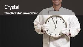  Presentation with work happy hour - Slide set consisting of work happy hour - male chef holding wall clock background and a dark gray colored foreground