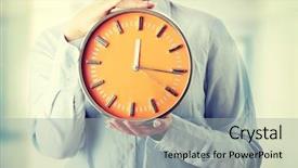  Presentation with work happy hour - Slide set with work happy hour - woman holding big alarm clock background and a light gray colored foreground