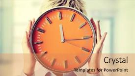  Presentation with alarm - Presentation theme featuring work happy hour - woman holding big alarm clock background and a coral colored foreground