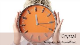  Presentation with alarm - Presentation with work happy hour - woman holding big alarm clock background and a  colored foreground