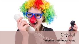  Presentation with clown - Colorful presentation theme enhanced with working hard - businessman with clown wig isolated backdrop and a coral colored foreground