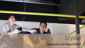  Presentation with computer games - Amazing presentation design having work-hard-play-hard-workers backdrop and a coral colored foreground