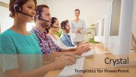  Presentation with call center - Amazing PPT layouts having work in a call center backdrop and a coral colored foreground