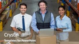  Presentation with managers - Beautiful slides featuring work in a warehouse backdrop and a coral colored foreground