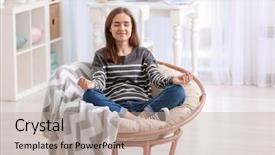  Presentation with lounge - Presentation design featuring work life balance meditation - young woman meditating in lounge background and a mint green colored foreground