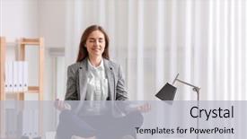  Presentation with office - Beautiful PPT theme featuring work life balance meditation - young woman meditating on table backdrop and a light gray colored foreground