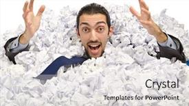  Presentation with paper - Slides with work overload - man with lots of crumpled background and a  colored foreground