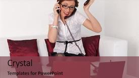  Presentation with stressed - Presentation theme with work overload - stressed young businesswoman with telephones background and a  colored foreground