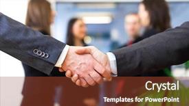  Presentation with business partner people joining hand - PPT theme with work party - business people shaking their hands background and a  colored foreground