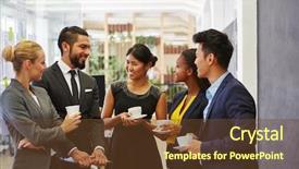  Presentation with group of people praying to god - Slide set featuring work party - business people talking relaxed background and a  colored foreground