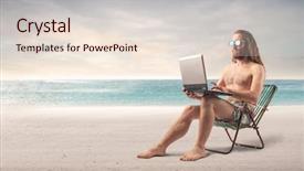  Presentation with beach party - Cool new slide deck with work party - surfer using a laptop backdrop and a lemonade colored foreground