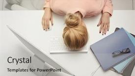  Presentation with tired - Cool new theme with work place stress - tired woman at the computer backdrop and a  colored foreground
