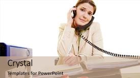  Presentation with taking notes - Colorful theme enhanced with work place stress - young businesswoman on two phones backdrop and a coral colored foreground