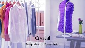  Presentation with sew - Colorful presentation design enhanced with work place with sew manikins backdrop and a  colored foreground