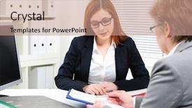  Presentation with 30 60 90 job interview - Presentation theme featuring job applicant having an interview background and a coral colored foreground