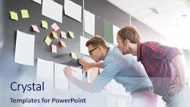  Presentation with wall - Cool new PPT theme with work plan - businessmen analyzing documents on wall backdrop and a lemonade colored foreground