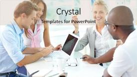  Presentation with talent meeting - Cool new slides with work plan - group of friendly businesspeople having backdrop and a coral colored foreground