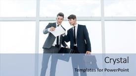  Presentation with portfolio - PPT layouts having work portfolio - business people with leather briefcases background and a light blue colored foreground
