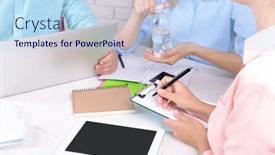  Presentation with business process - Slides having work process of business meeting with electronic devices in office background and a light blue colored foreground