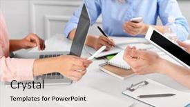  Presentation with business process - Beautiful presentation theme featuring work process of business meeting backdrop and a  colored foreground