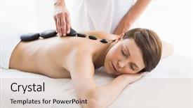  Presentation with masseur doing massage spa - Presentation theme having work retreat - beautiful woman receiving hot stone background and a  colored foreground