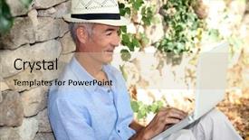  Presentation with laptop and wall - Colorful slide set enhanced with light waves series artistic abstraction composed of fractal waves and motion trails on the subject of design science and modern technologies backdrop and a wine colored foreground