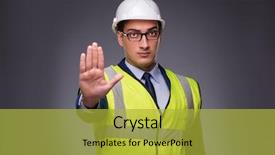  Presentation with construction piles - Beautiful presentation theme featuring work safety - man wearing hard hat backdrop and a yellow colored foreground