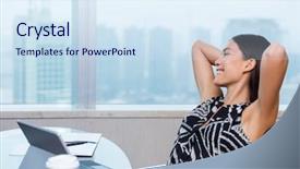  Presentation with woman office desk - Slide deck featuring work satisfaction office woman relaxing background and a sky blue colored foreground