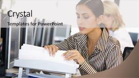  Presentation with trader - Slide set having work search - stock trader going through paperwork background and a light gray colored foreground