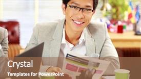  Presentation with glasses - PPT theme having work smart - happy asian businessman in glasses background and a coral colored foreground