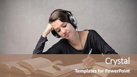  Presentation with listening - Theme having work study - smiling student listening to music background and a coral colored foreground